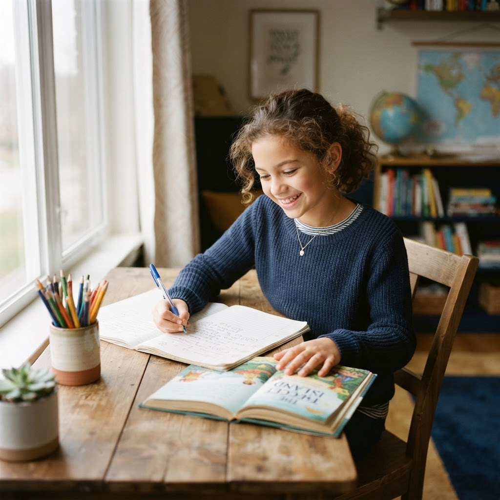 Primarschulkind lernt mit Freude an seinem Schreibtisch